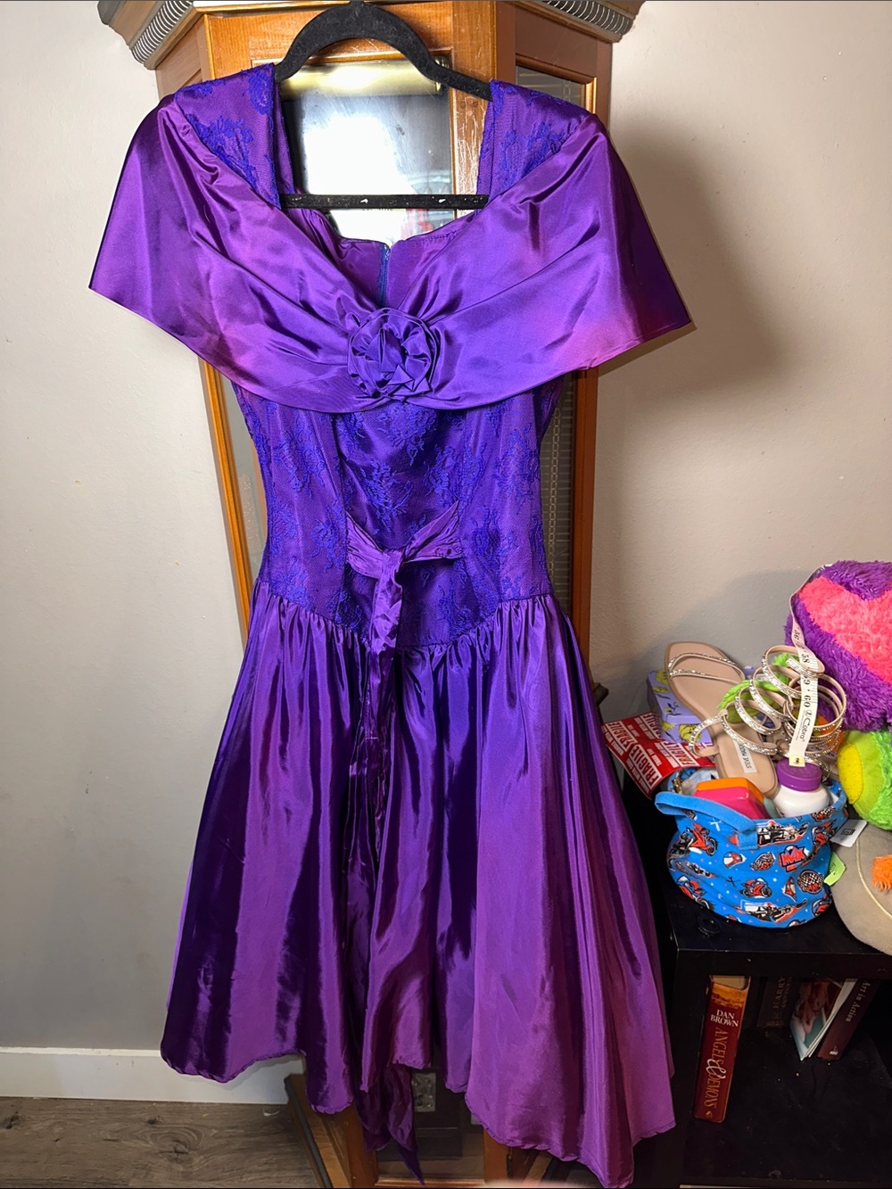 Steppin' Out Vintage 80’s Purple Satin and Lace Fit-and-Flare Dress